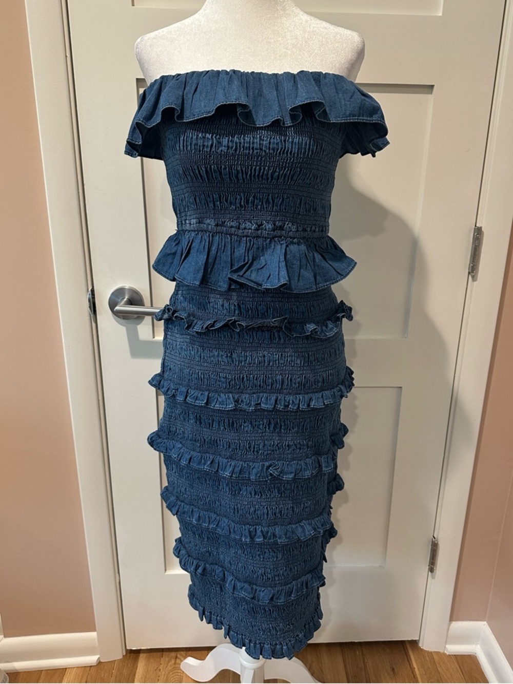 Cleobella size S blue  smocked stretch strapless dress with horizontal ruffles